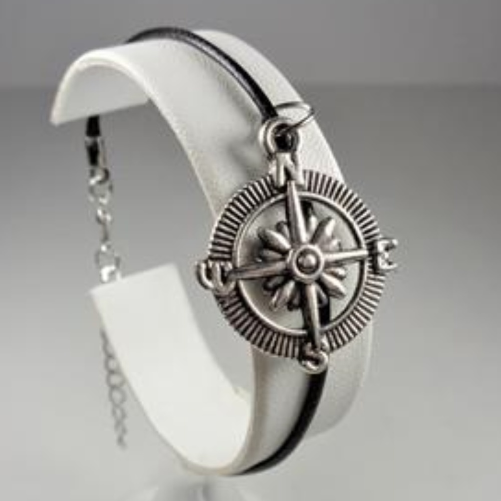 NAUTICAL COMPASS ROSE BLACK LEATHER BRACELET